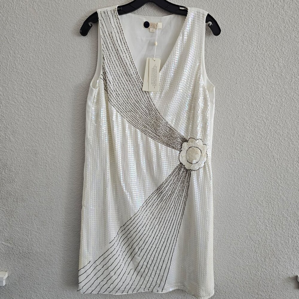 NWT | Erin Fetherston Sequin Beaded White V Neck Sleeveless Sheath Dress Size 8